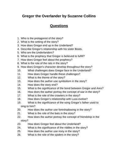 Gregor the Overlander. 40 Reading Comprehension Questions (Editable)