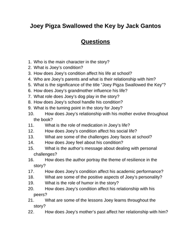 Joey Pigza Swallowed the Key. 40 Reading Comprehension Questions (Editable)