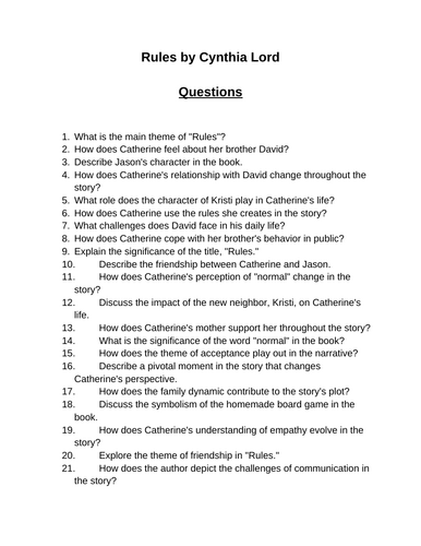 Rules by Cynthia Lord. 40 Reading Comprehension Questions (Editable)