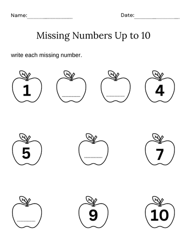 Printable kindergarten missing numbers worksheet 1-10 | Teaching Resources