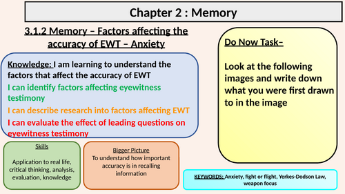AQA A Level Psychology - Memory - Factors affecting eye witness testimony - anxiety