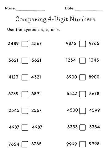 comparing 4 digit numbers worksheets for grade 1 or 2