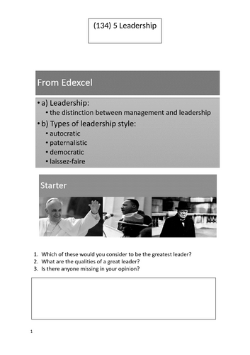 Theme 1 Marketing and people EDEXCEL IA Level Business Unit 18 Leadership