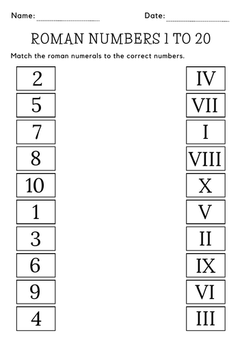 Printable Practice Roman Numbers 1 to 20 worksheet Matching roman numerals up 20