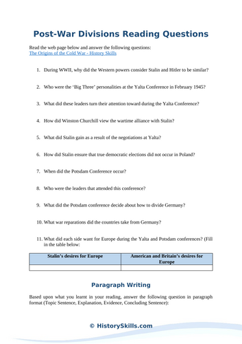 Post-World War II Global Divisions Reading Questions Worksheet