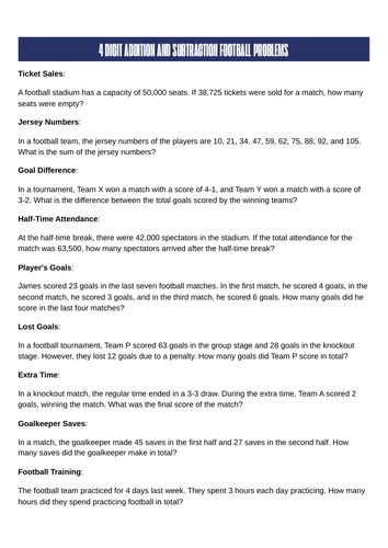 4 digit addition and subtraction football word problems