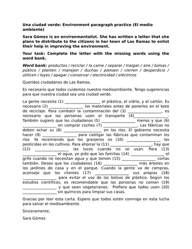 Una ciudad verde: Environment paragraph practice (El medio ambiente)