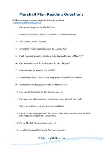 Marshall Plan Reading Questions Worksheet Teaching Resources