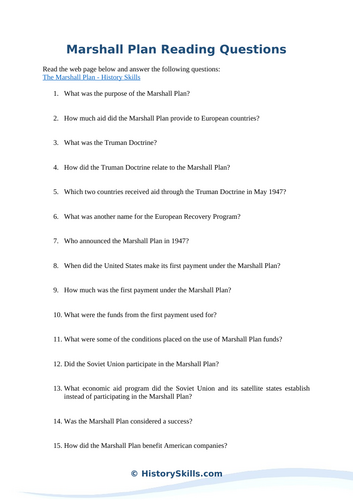Marshall Plan Reading Questions Worksheet