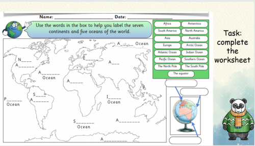 Oceans and continents worksheet.