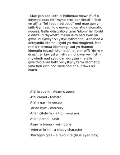 CYMRAEG IAITH GYNTAF: Blwyddyn6 - ehangu geirfa Cymraeg: ENWAU IDIOMATIG