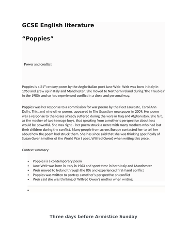 GCSE ENGLISH LITERATURE revision notes "Poppies" by Jane Weir