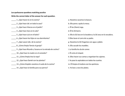 Los quehaceres questions matching practice