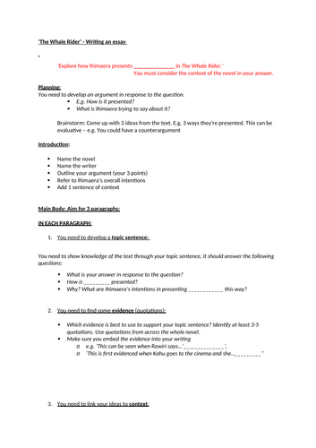 Writing a 'The Whale Rider' essay - worksheet