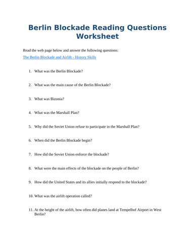 Berlin Blockade and Airlift Reading Questions Worksheet