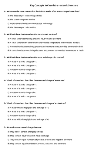 Atomic Structure - Key Concepts - Multiple Choice