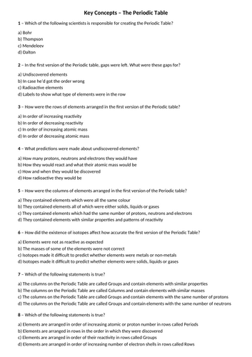 Periodic Table - Key Concepts - Multiple Choice