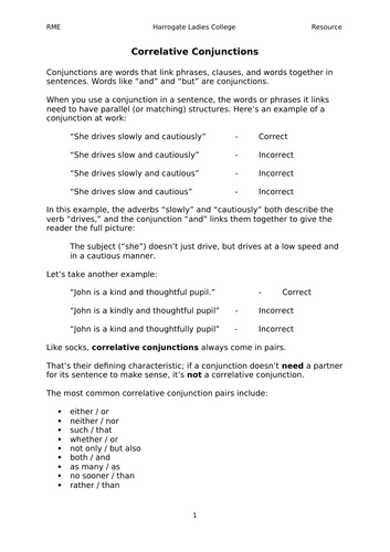 EAL Co-relative Conjunctions Handout and Worksheet (Levels B2-C2)