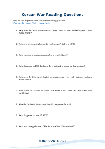 Korean War Reading Questions Worksheet