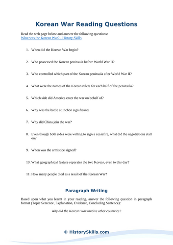 Korean War Reading Questions Worksheet