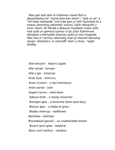 Ehangu Geirfa Blwyddyn 6: CYMRAEG IAITH GYNTAF: enwau idiomatig