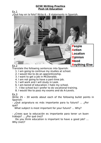 GCSE Spanish (AQA) Writing Worksheets Theme 3 Topic 3: Education post-16