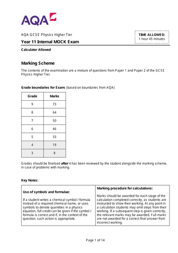 AQA GCSE Physics Higher MOCK