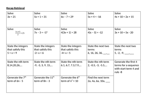 Recall Grid for sequences and equations