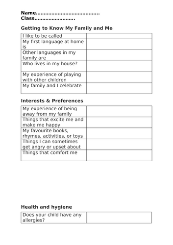 EYFS all about me home visit form