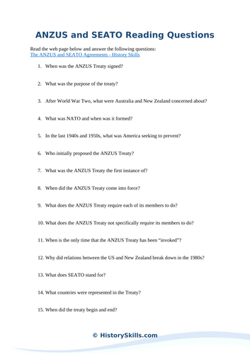 ANZUS and SEATO Reading Questions Worksheet