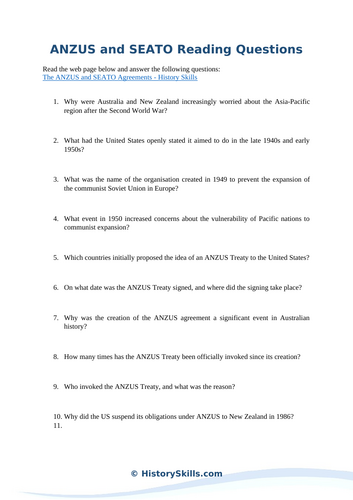 ANZUS and SEATO Reading Questions Worksheet