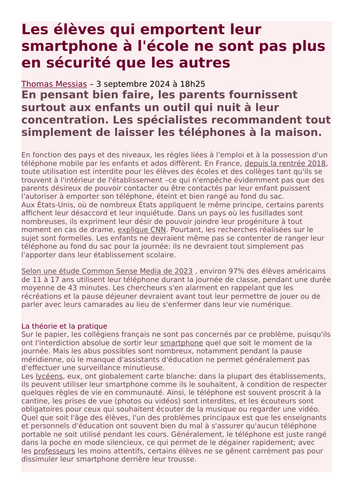 L'utilisation des smartphones à l'école - Yr12 French