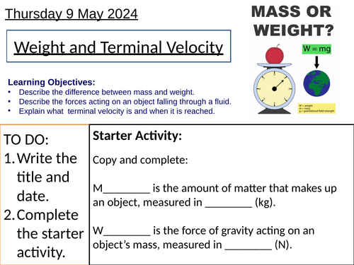 GCSE Physics Weight and Terminal Velocity: Complete Lesson