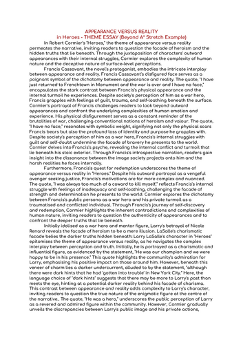 APPEARANCE VS REALITY in Robert Cormier’s HEROES - BEYOND A* STRETCH EXEMPLAR ESSAY