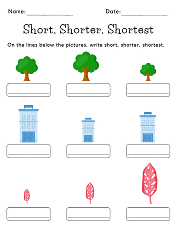 Printable kindergarten short shorter shortest worksheets