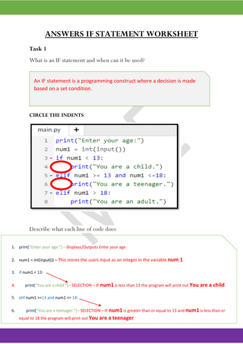 ANSWERS - IF statements for beginners worksheet