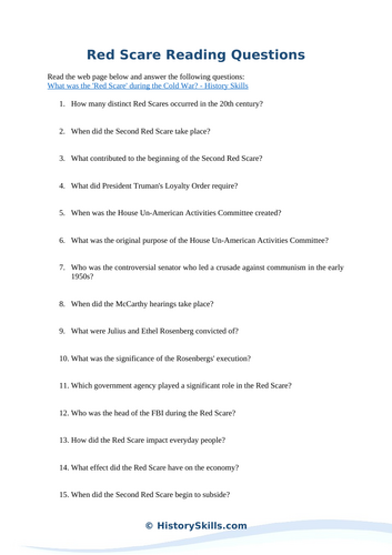 The Second Red Scare Reading Questions Worksheet