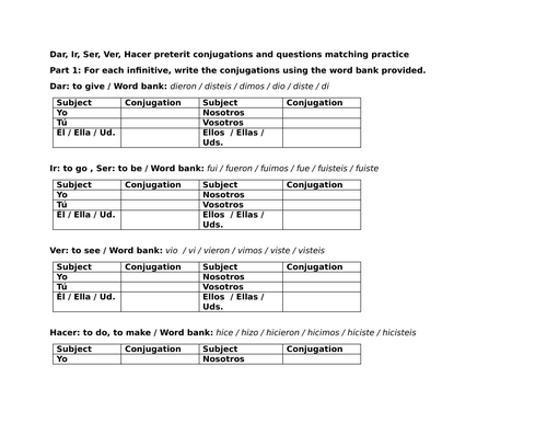 Dar, Ir, Ser, Ver, Hacer preterit conjugations and questions matching practice