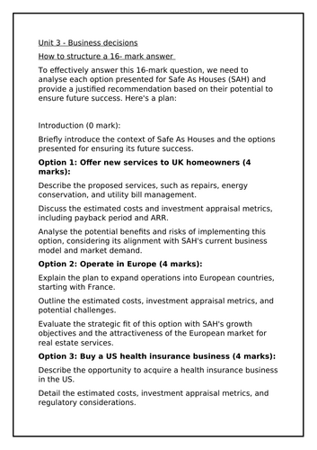 OCR Level 3 Cambridge Technical in Business- Unit 3 - Structure  a 16-mark answer