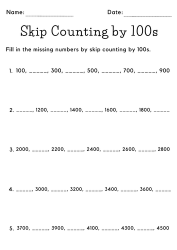 Printable skip counting by 100 worksheets for grade 1, 2, 3