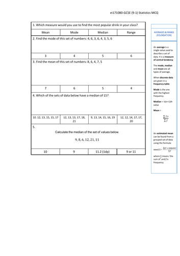 GCSE Statistics - Averages & Range