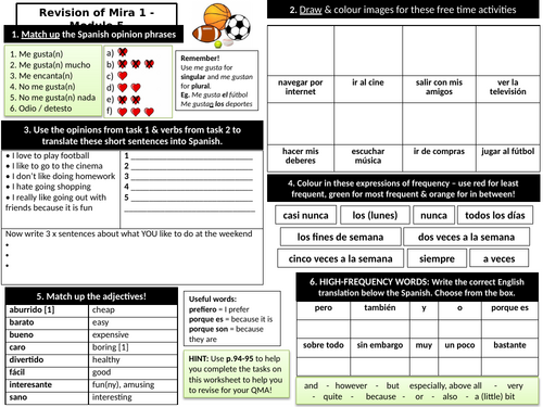 KS3 Spanish: Free Time & Time Phrases Revision Worksheet