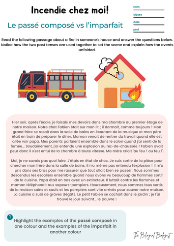 Le passé composé vs l'imparfait reading comprehension- Incendie dans un immeuble