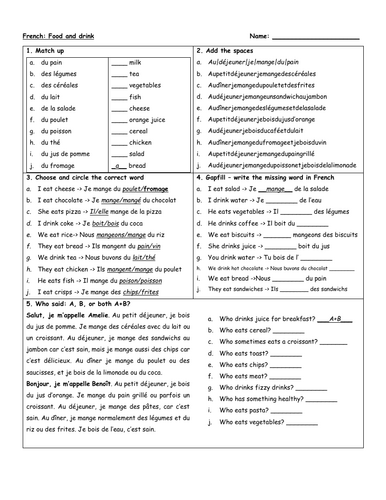 French food and drink revision worksheet