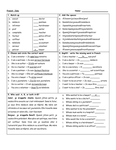 French jobs and work revision worksheet
