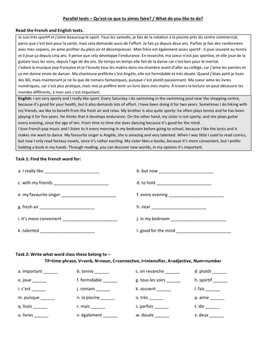 French parallel text sheet on hobbies for GCSE (module 2)