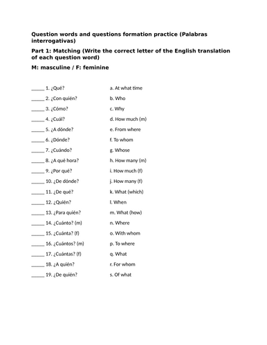 Question words and questions formation practice (Palabras interrogativas)