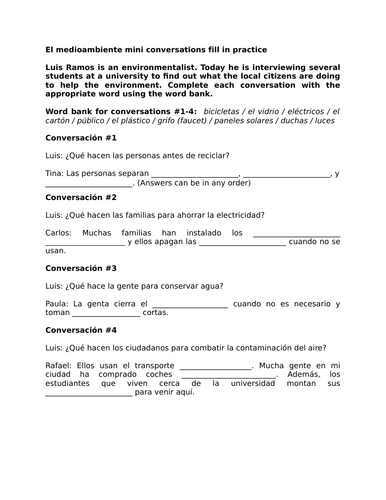 El medioambiente mini conversations fill in practice
