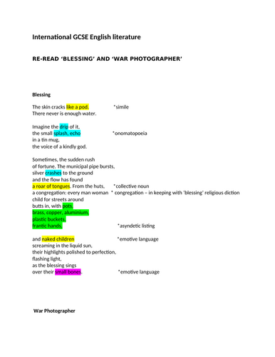 iGCSE ENGLISH LITERATURE: comparing "War Photographer" and "Blessing"