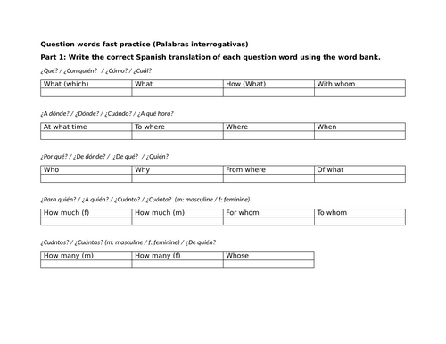 Question words fast practice (Palabras interrogativas)